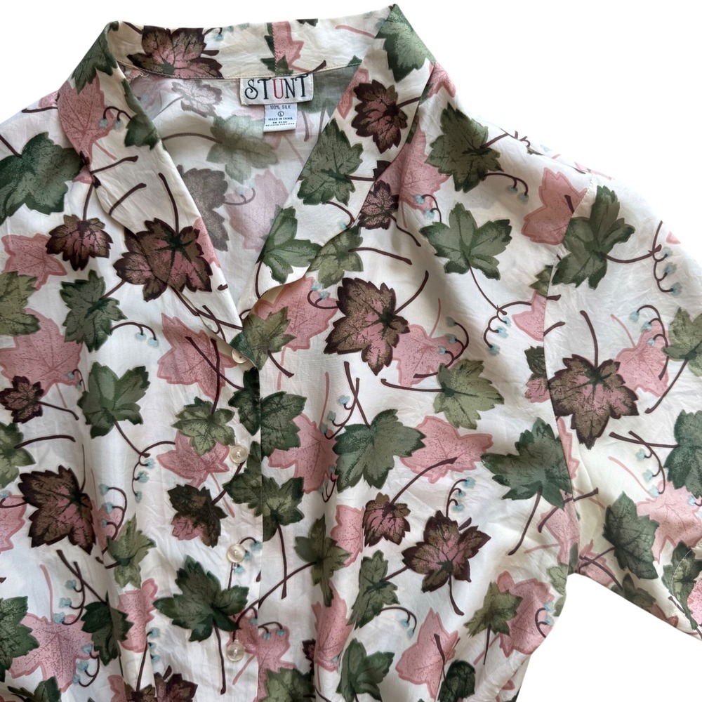 Stunt Vintage 100% Silk Leaf Print Button Down Shirt Large Cottagecore Fairycore